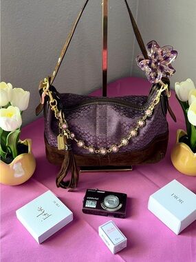 Coach Purple Signature Canvas & Brown Suede Shoulder Bag with Floral Chain